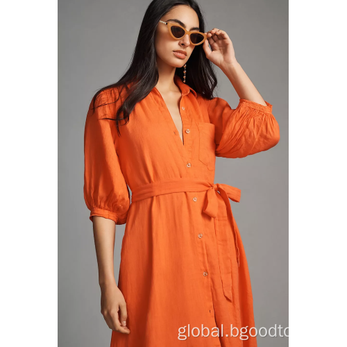 Slit Midi Dress Women Linen Shirt Dress Supplier